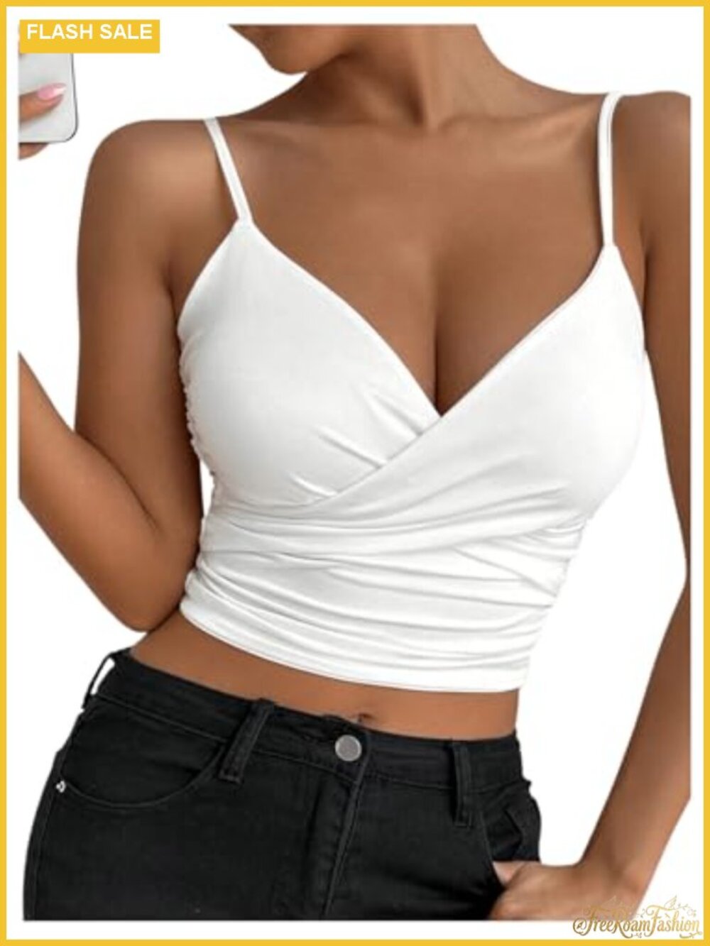 Women's Wrap V-Neck Cami Top Ruched Spaghetti Strap Sleeveless Casual